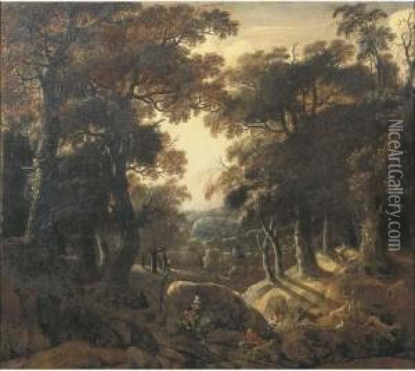 A Wooded Landscape At Dawn With A Stag Hunt Oil Painting - Jan Looten