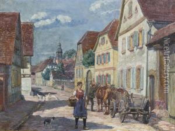 Bauerin In Sommerlicher Dorfstrasse. Oil Painting - Heinrich Strieffler