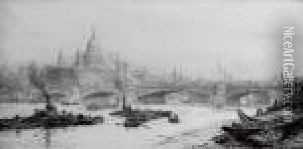 Barges On The Thames Before St. Paul's Cathedral Oil Painting - William Lionel Wyllie