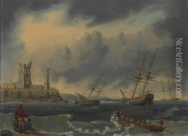 Shipping At Anchor Riding Out A Gale Off The Mouth Of The Tyne, With The Ruins Of Tynemouth Priory And The Old Lighthouse On The Headland Oil Painting - William Anderson