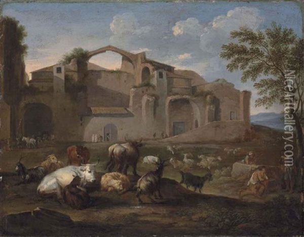 The Baths Of Diocletian, Rome, With Drovers And Their Cattle In The Foreground Oil Painting - Pieter van Bloemen