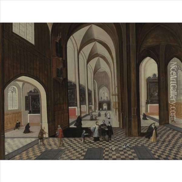 Interior Of A Gothic Cathedral With Figures And Dogs Oil Painting - Peeter Neeffs the Elder