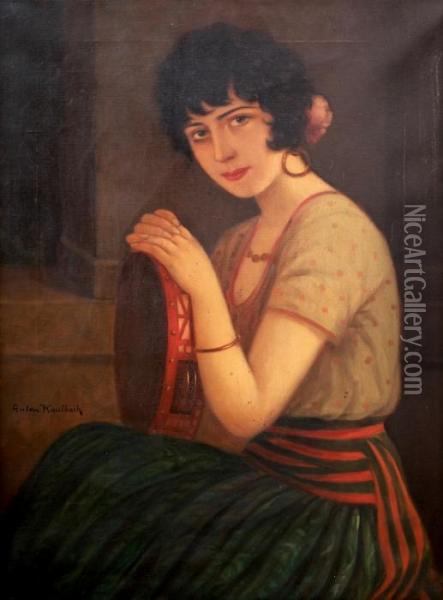 Sabina, Spanish Woman With A Tambourine Oil Painting - Anton Kaulbach