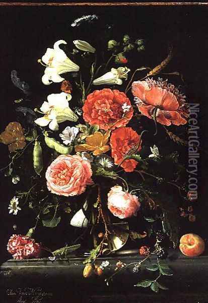 Still Life of Flowers in a Glass Vase Oil Painting - Jan Van Huysum