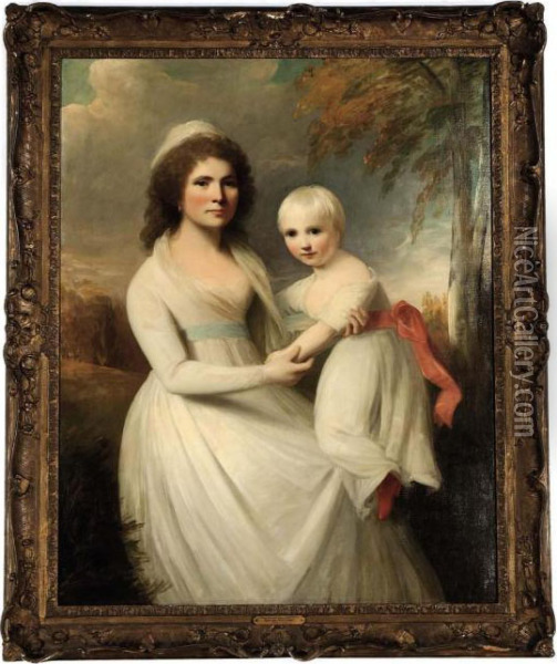 Portrait Of Mrs. Thomas Sanderson And Her Daughter, In A Landscape Oil Painting - George Romney