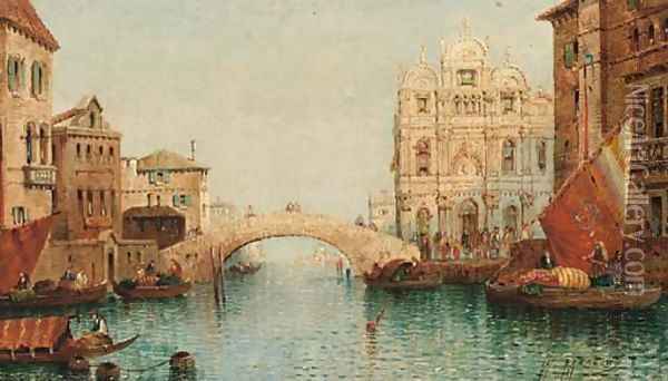 Vessels on a venetian canal by a bridge, a capriccio Oil Painting - William Meadows