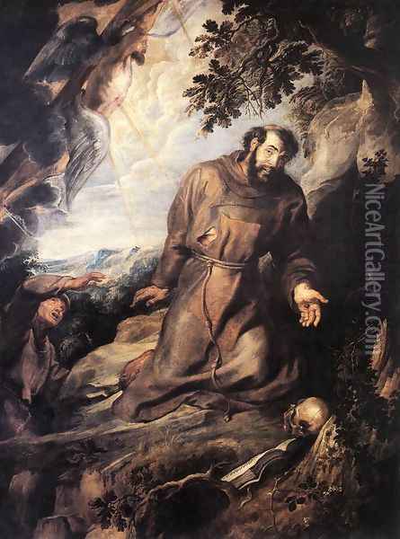 St Francis of Assisi Receiving the Stigmata c. 1635 Oil Painting - Peter Paul Rubens