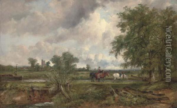 An Extensive Landscape With A 
Barge On A Canal And Yoked Horses Ona Towpath, A Church And Village 
Beyond Oil Painting - Frederick Waters Watts