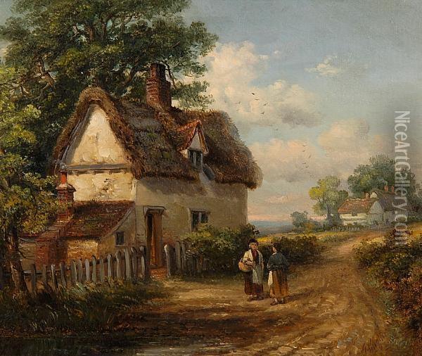 Figures Before A Cottage, Possibly Hintlesham Oil Painting - Thomas Smythe
