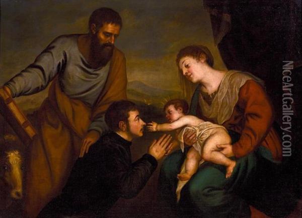 La Virgen Con El Nino, San Lucas Y Un Donante Oil Painting - Tiziano Vecellio (Titian)