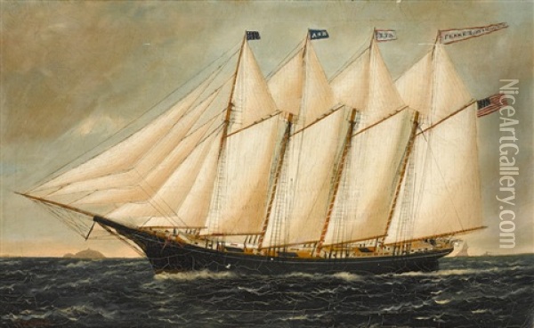 The Four Masted Coastal Schooner Frank T Stinson Outwardbound Oil Painting - William Pierce Stubbs