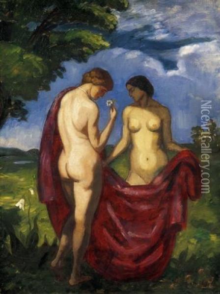 Nudes With Red Plaid, 1910s Oil Painting - Bela Ivanyi Grunwald