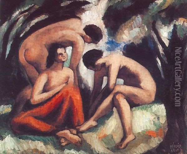Three Nudes 1916 Oil Painting - Aurel Bernath