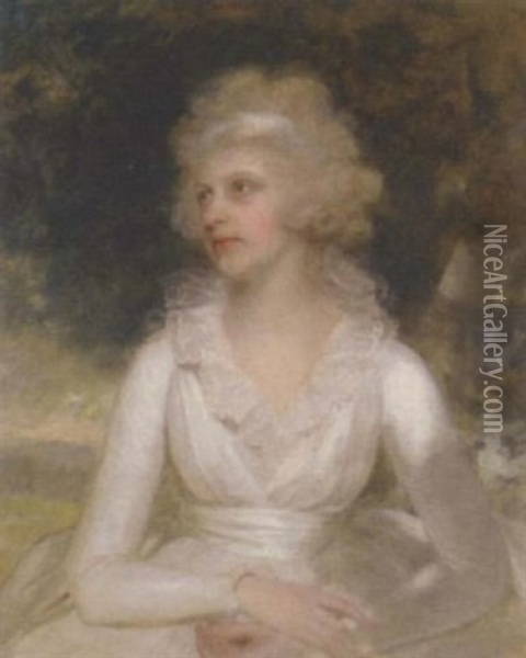 Portrait Of A Lady In A White Dress, In A Landscape Oil Painting - Sir William Beechey