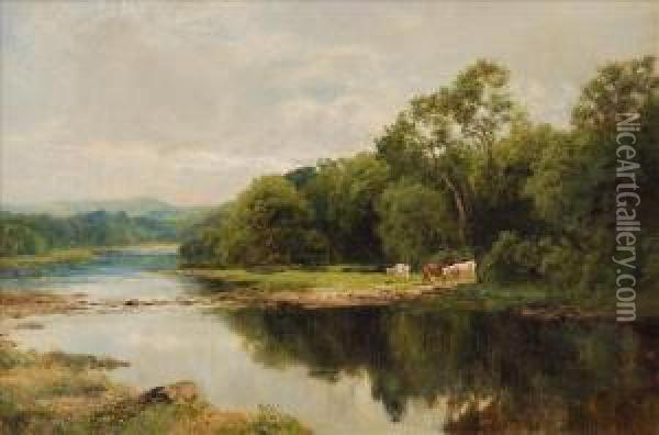 Cattle On Thebanks Of A River Oil Painting - John Clayton Adams