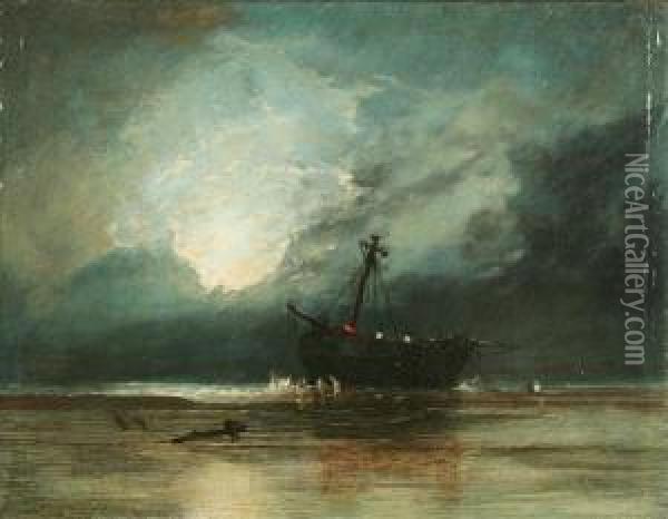 Moon Rising Above A Beached Vessel Oil Painting - Francis Danby