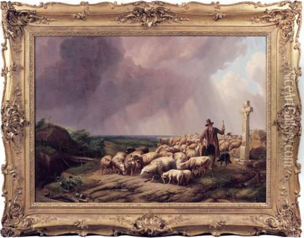 Moutons Effrayes Par La Tempete Oil Painting - Eugene Joseph Verboeckhoven