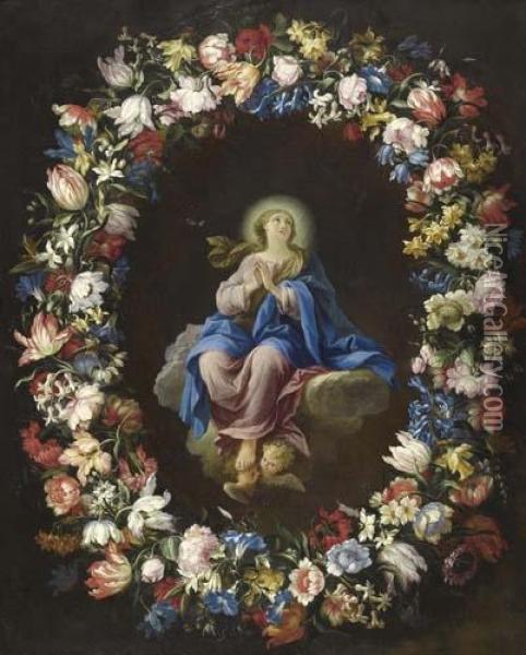 Madonna At Prayer With Floral Garland Oil Painting - Mario Nuzzi Mario Dei Fiori