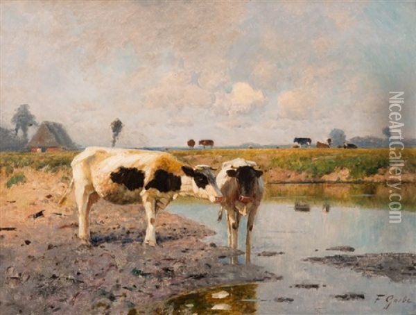 Kuhe An Wasserstelle Oil Painting - Fritz Grebe