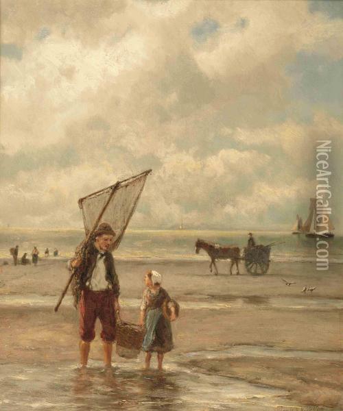 On The Beach Oil Painting - Johannes Hermann Barend Koekkoek