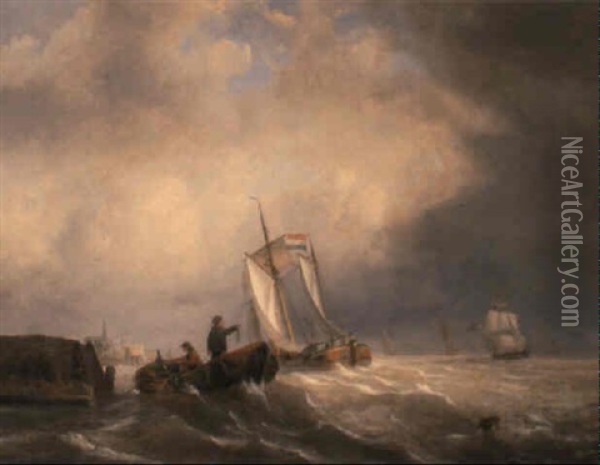 Fishermen Off The Shore Oil Painting - George Willem Opdenhoff