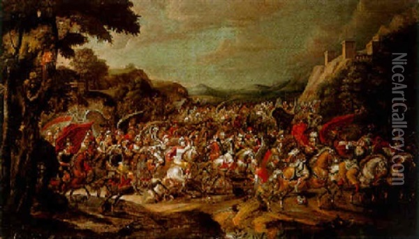 A Cavalry Battle Between Turks And Christians, A Fortified Town Beyond Oil Painting - Pauwels Casteels