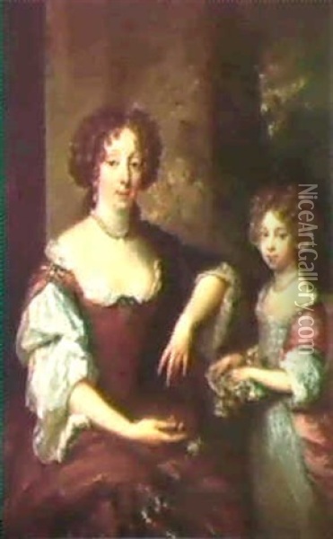 Double Portrait Of Isabella, Countess Of Arlington And Her  Daughter, Isabella, Seen On A Terrace Before A Column Oil Painting - Caspar Netscher