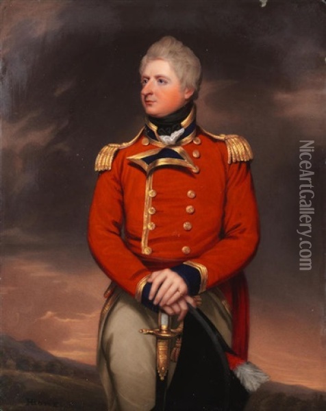 Portrait Of Lt.-col. Hon. Francis Wheler Hood, Three-quarter-length, In A Red Coat, Standing Before A Landscape Oil Painting - Henry Bone