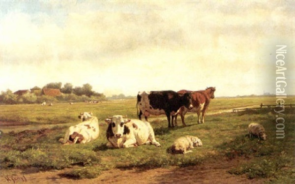 Cows And Sheep In An Extensive Landscape Oil Painting - Hendrik Savry