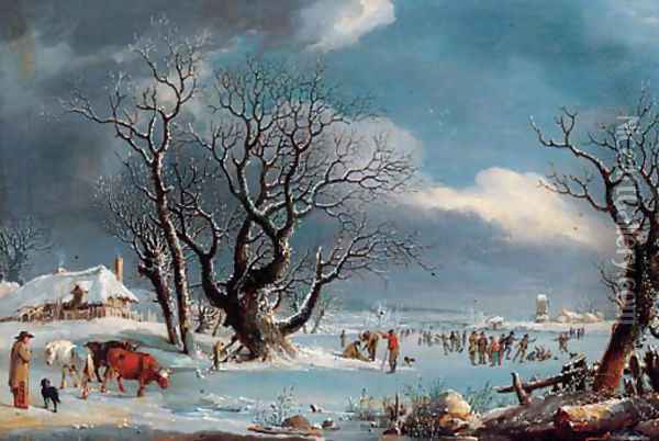 Skaters in a winter landscape Oil Painting - Johannes Pieter Van Wisselingh