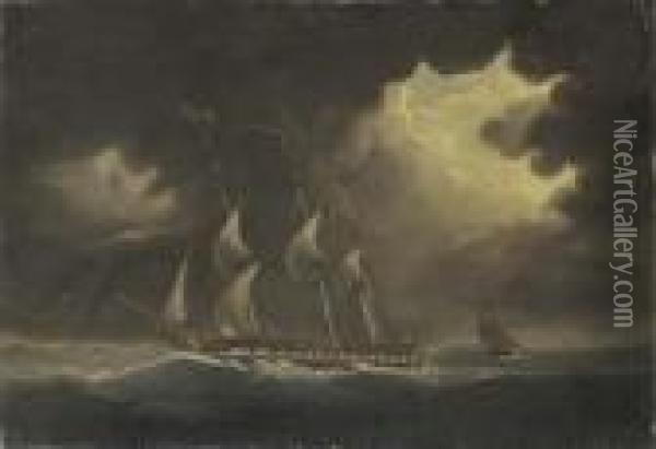A Frigate In A Gale Oil Painting - Thomas Buttersworth