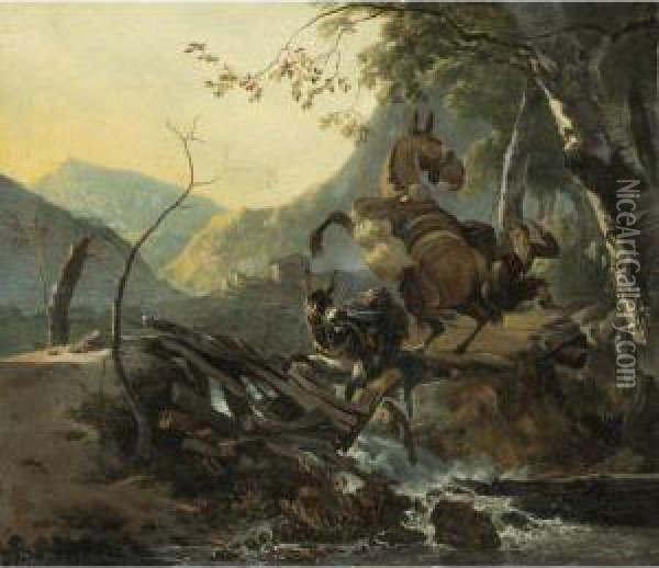 Italianate Landscape With A Donkey And A Rearing Horse Crossing Acollapsing Bridge Oil Painting - Adam Pynacker