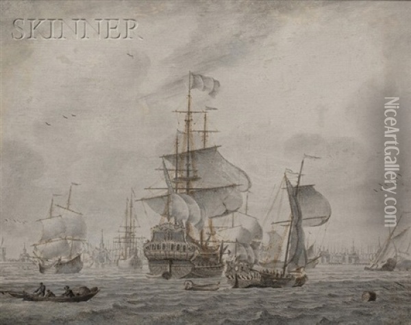 Vessels In Port In Calm Seas (2 Works) Oil Painting - Cornelis Bouwmeester