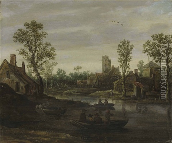 A River Landscape With A Village Beyond Oil Painting - Jan Josefsz. van Goyen