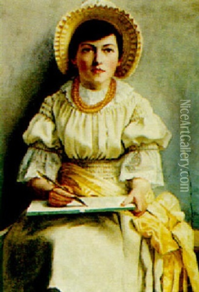 Portrait Of A Young Girl Seated, Dressed In Yellow Oil Painting - Joseph Arthur Bennett