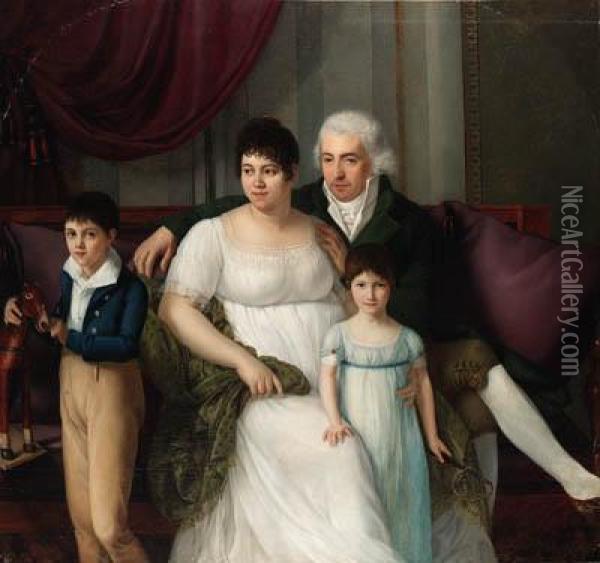 Portrait Of A Gentleman, His Wife And Two Children,three-quarter-length, In An Interior Oil Painting - Jerome Martin Langlois