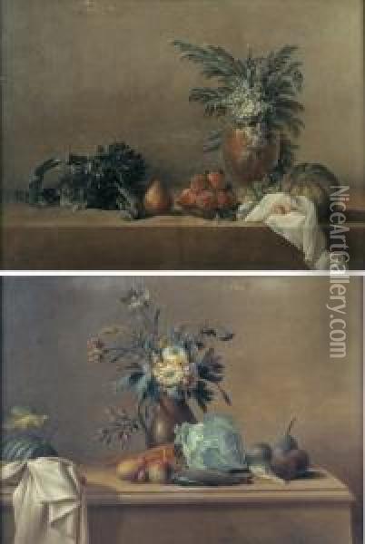 Nature Morte Aux Vase De Fleurs Et Legumes Sur Oil Painting - Nicolas Henry Jeaurat De Bertry