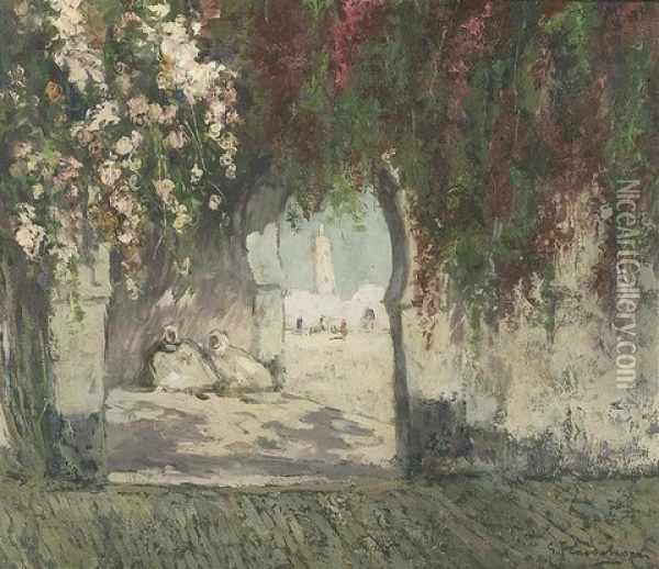Arabes Se Reposant Dans Une Cour Fleurie Oil Painting - Gustave Flasschoen