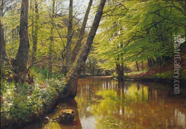 River Landscape
 Oleo Sobre Tela Reentelado Oil Painting - Peder Mork Monsted