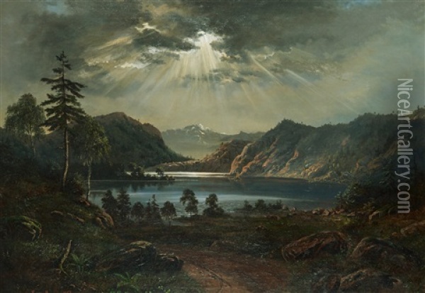 Insjolandskap Med Segelbat Oil Painting - Carl Ludwig Ferdinand Messmann