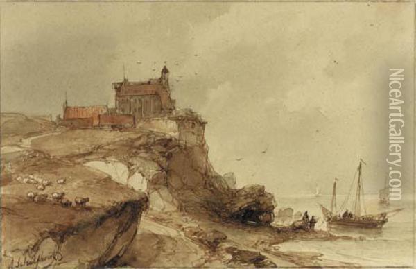 A Village With A Church On A Rocky Coast, Fishermen On The Beachnearby Oil Painting - Andreas Schelfhout