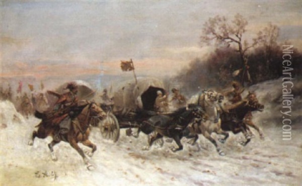 The Convoy In The Snow Oil Painting - Adolf (Constantin) Baumgartner-Stoiloff