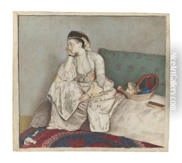A Pensive Woman On A Sofa Oil Painting - Jean Etienne Liotard