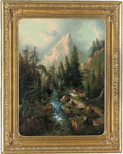 A Cottage By A Waterfall, The Matterhorn Beyond Oil Painting - Albert Lang