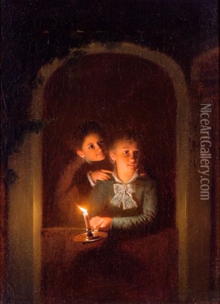 Twee Jonge Vrouwen Bij Kaarslicht Oil Painting - Johannes Rosierse