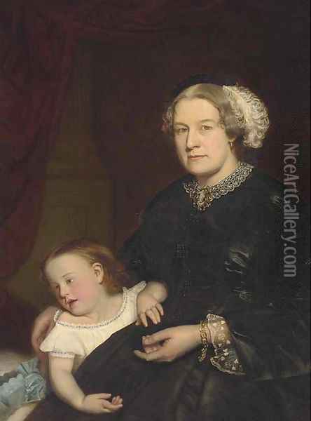 Portrait of a mother and child, seated three-quarter-length, the mother in a black dress with lace trimming, her daughter by her side Oil Painting - Hugh Collins