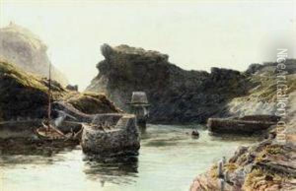 Fishing Boat Being Rowed Into Harbour In A Rocky Coastalinlet Oil Painting - John Mogford