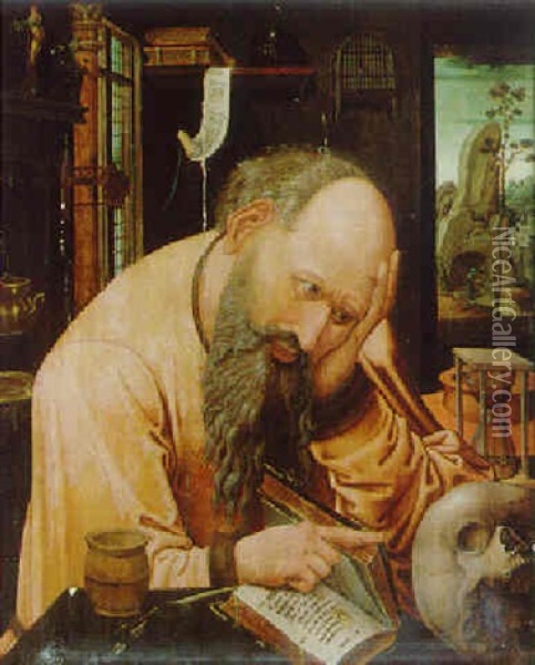 Saint Jerome In His Study, A Landscape With Saint Jerome In Penitence Beyond Oil Painting - Marinus van Reymerswaele