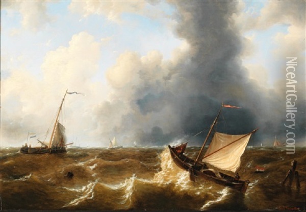 Sailing Boats On Stormy Seas Oil Painting - Louis Charles Verboeckhoven