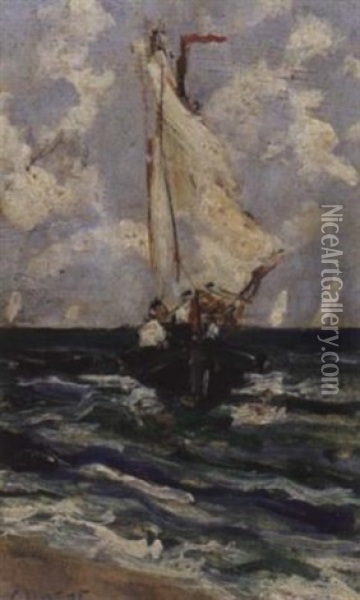 Boat Sailing To A Beach Oil Painting - Baldomero Galofre Gimenez